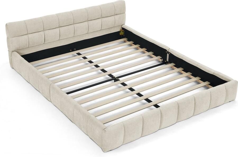 Merax Gestoffeerd Bed 140x200 cm Beige Fluwelen Stof Eucalyptus Hout en Stabiel Metalen Frame Luxe Design Zonder Matras