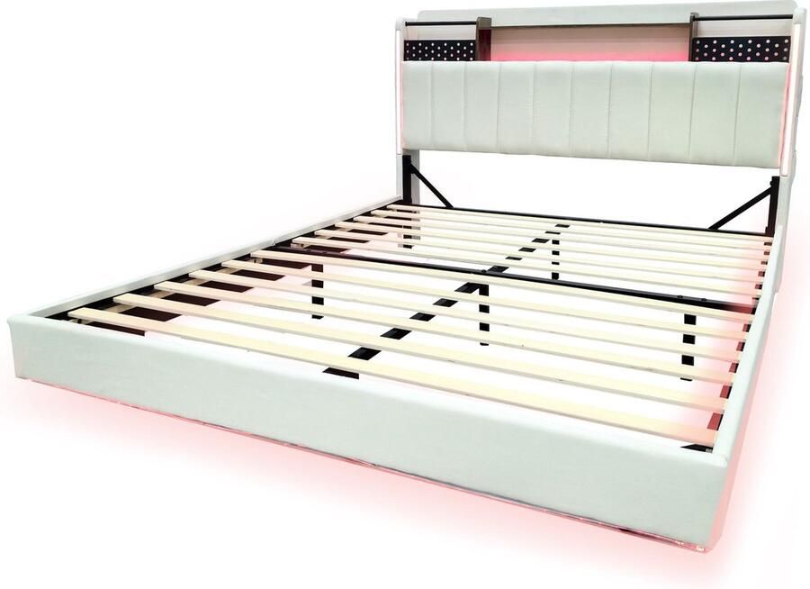 Merax Polsterbett 140*200 mit LED-Beleuchtung und USB-Steckdose Kopfteil mit Stauraum Schwebebett Jugendbett Erwachsenenbett Leinenstoff Beige - Foto 2