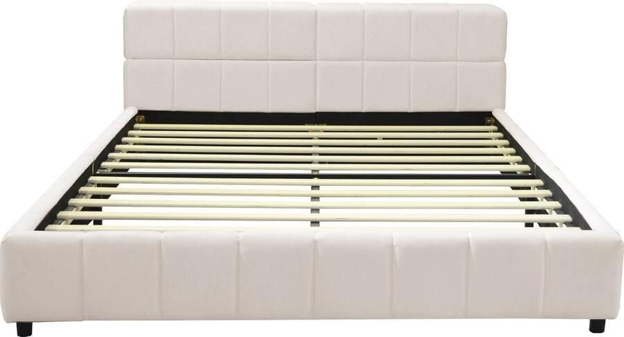 Merax Gestoffeerd Bed 140x200 cm Beige Met Opbergvak in Hoofdbord Ergonomisch Design Luxe Fluweel Stevige Lattenbodem