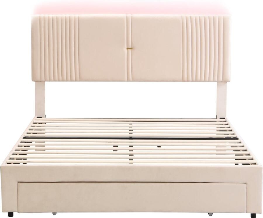 Merax gestoffeerd bed 140x200 cm Beige tweepersoonsbed met LED-verlichting USB-oplaadfunctie en grote opberglade Geschikt voor volwassenen en tieners - Foto 2