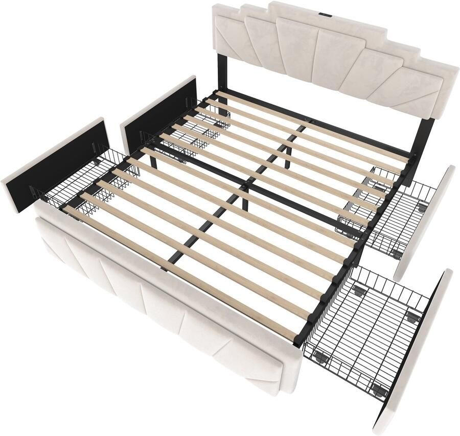 Merax Gestoffeerd Bed 140x200 cm – Fluweel Beige – Met LED Verlichting USB & Type-C Oplader 4 Opbergladen – Verstelbaar Hoofdbord – Zonder Matras