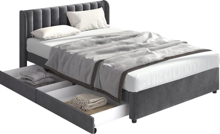 Merax Gestoffeerd Tweepersoonsbed 140x200 cm – Grijs Fluweel Gestoffeerd Bed met Houten Lattenbodem en 2 Opberglades - Foto 2