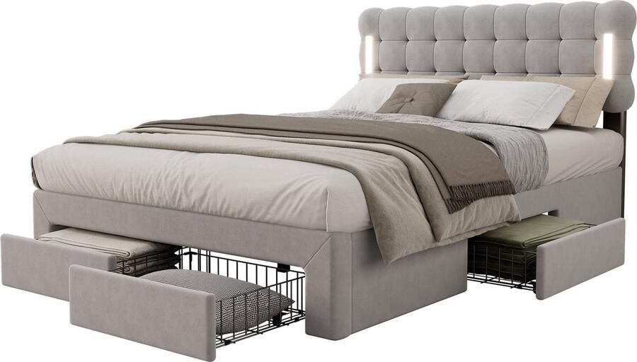 Merax Gestoffeerd Bed 140x200 cm Fluwelen Bed met LED Verlichting aan Beide Zijden 4 Opberglades Luxe Gestoffeerd Houten Lattenbodem Grijs Zonder Matras
