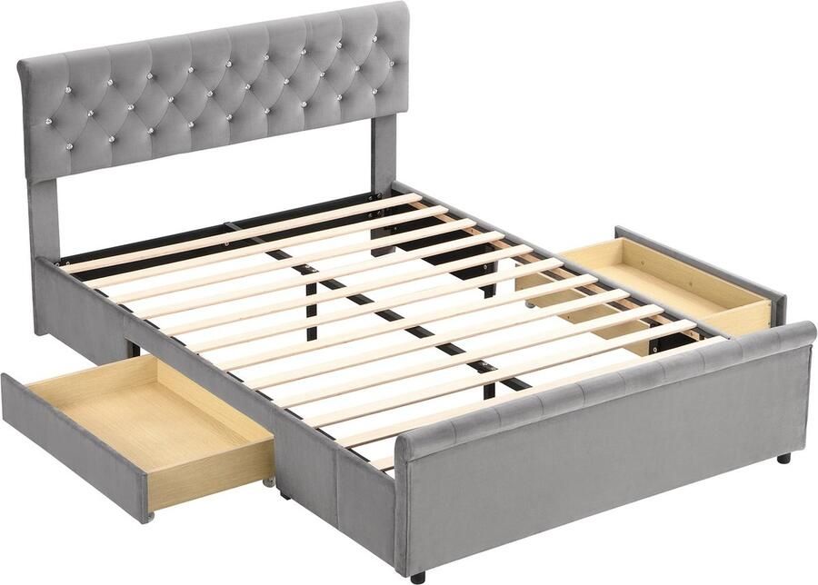 Merax Gestoffeerd Bed 140x200 cm Grijs Chesterfield Stijl 2 Opberglades Fluwelen Bekleding Lattenbodem Luxe Hoofdbord met Diamantvormige Knopen