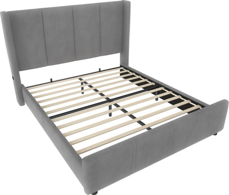 Merax Gestoffeerd Bed 140x200 cm – Grijs Fluwelen Tweepersoonsbed met USB Aansluitingen en Hoog Hoofdbord