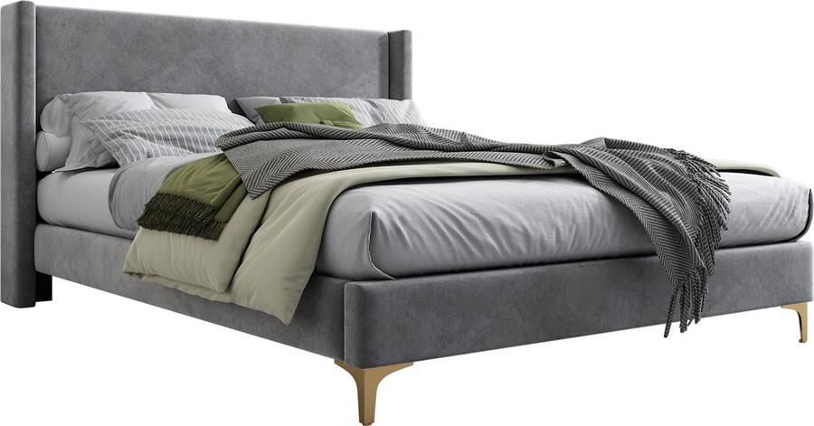 Merax Gestoffeerd Bed 140x200 cm Grijze Fluwelen Afwerking met Hoog Hoofdbord Inclusief Lattenbodem
