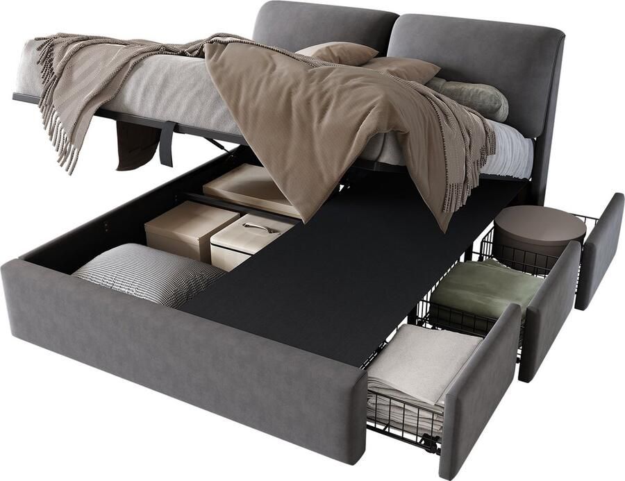 Merax Gestoffeerd Bed 140x200 cm – Hydraulisch Bed met Opbergruimte 3 Lade Verstelbaar Hoofdbord Fluweel Grijs