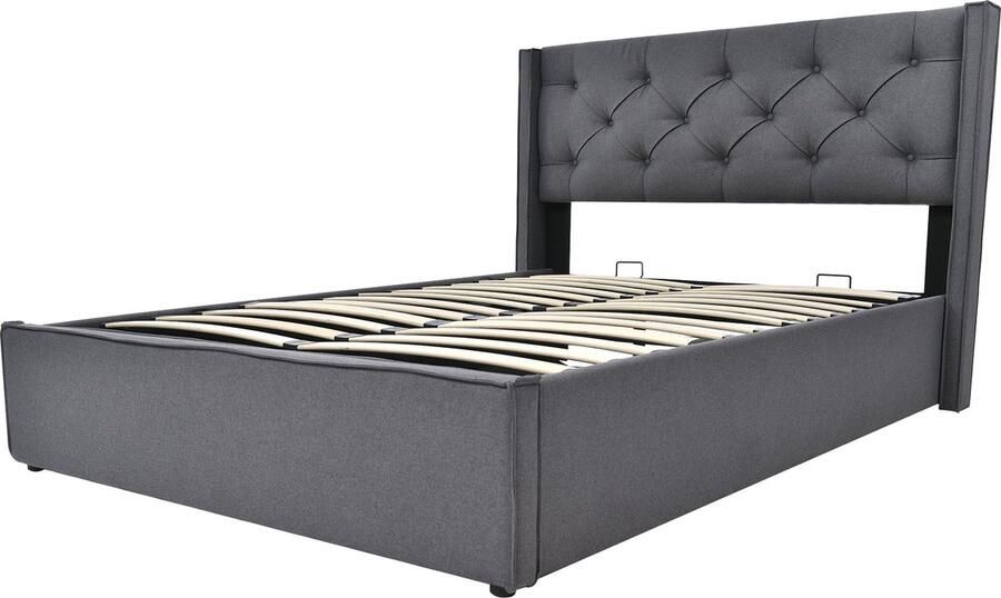 Merax Gestoffeerd Bed 140x200 cm – Hydraulisch Bed met Opbergruimte en Houten Lattenbodem – Modern Bed met Metalen Frame – Grijs – Zonder Matras