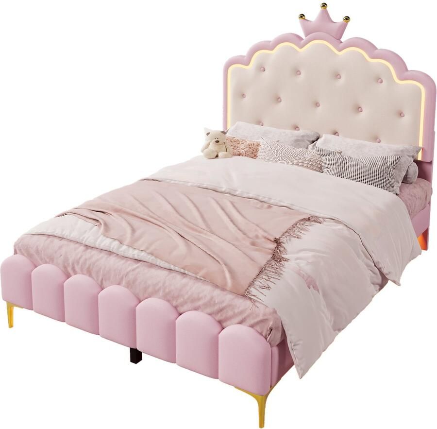 Merax Gestoffeerd Bed 140x200 cm – Inclusief Lattenbodem (Zonder Matras) – LED Verlichting met Afstandsbediening – Prinsessenkroon Design – Kunstleer – Roze