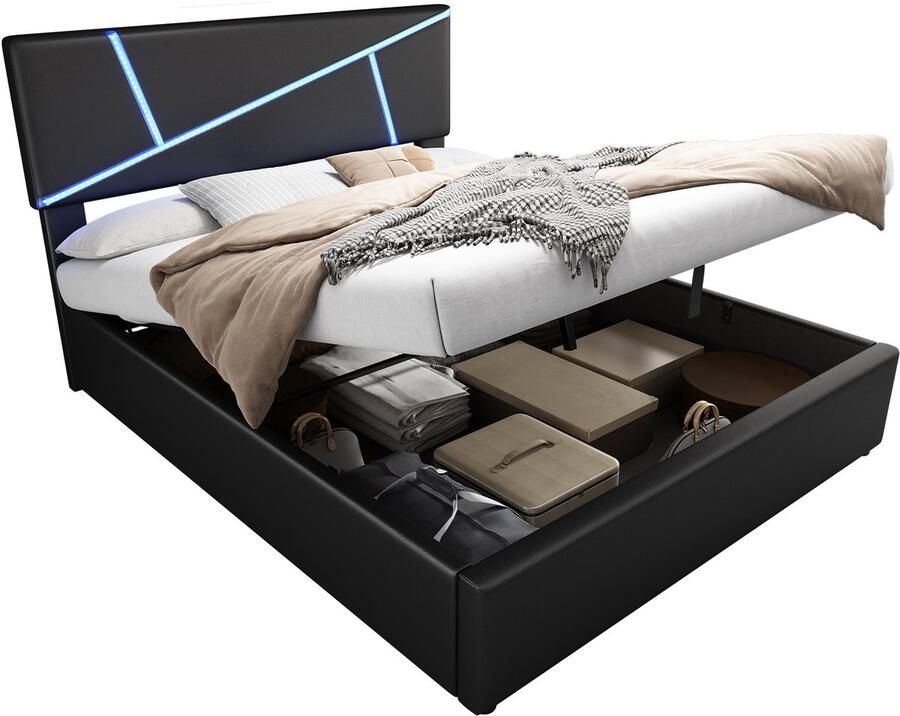 Merax Gestoffeerd Bed 140x200 cm Kunstleer LED Verlichting met Afstandsbediening Houten Lattenbodem Hydraulisch Systeem Zwart