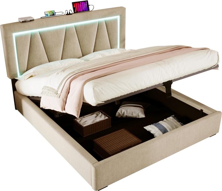 Merax Gestoffeerd Bed 140x200 cm LED Bed met USB Type-C Oplaadfunctie en Verstelbaar Hoofdeinde Met Lattenbodem Beige