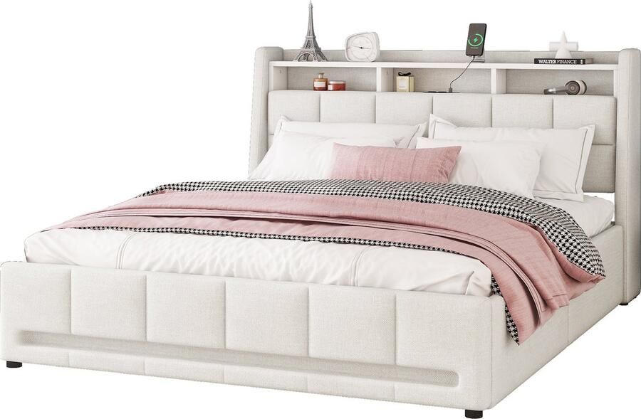 Merax Polsterbett 140 x 200 cm Ohne Matratze APP-Fernbedienung LED-Licht Bett mit Schubladen mit Steckdosen und USB Eingebautes Staufach Leinen Beige - Foto 2