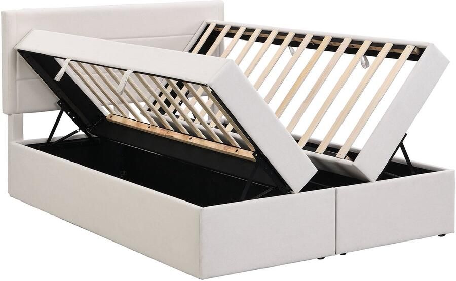 Merax Gestoffeerd Bed 140x200 cm – Linnen Beige – Bed met Opbergruimte en Houten Lattenbodem – Gaslift Systeem – Dubbelbed voor Volwassenen