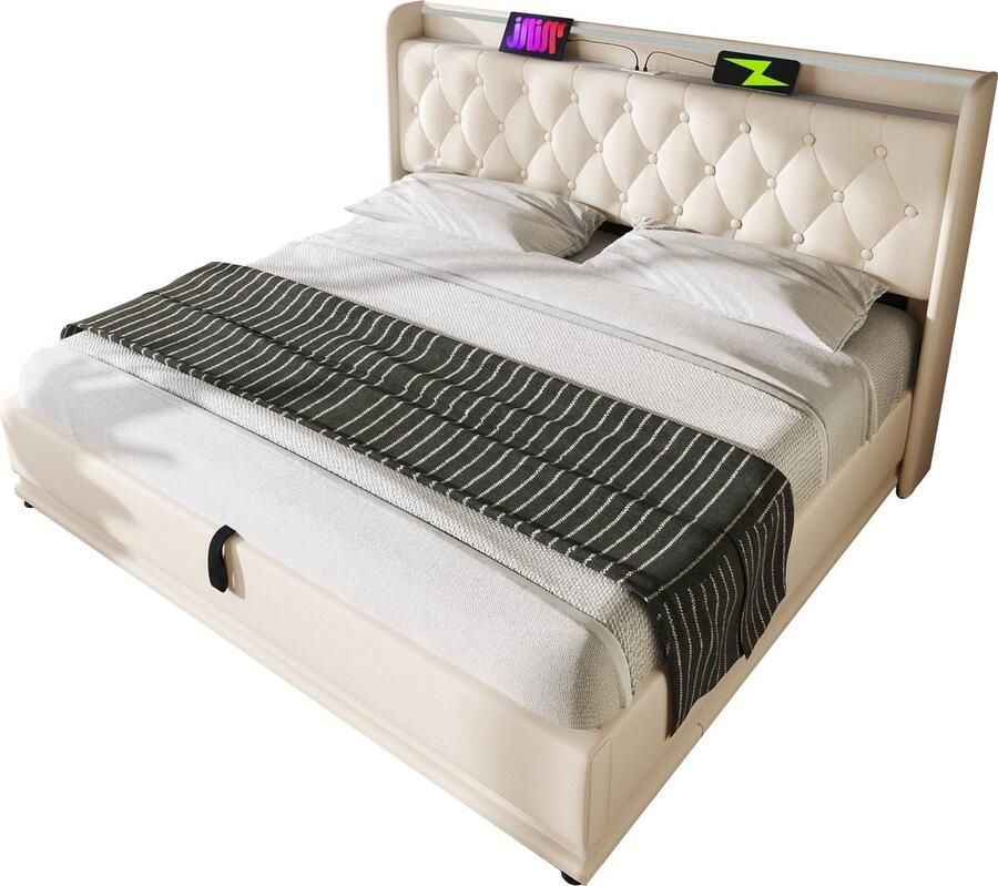 Merax Gestoffeerd Tweepersoonsbed 140x200 cm met 360° LED Verlichting USB Type-C Oplaadfunctie Hydraulische Opbergruimte Wit PU Materiaal Met Afstandsbediening en App-besturing (zonder matras)