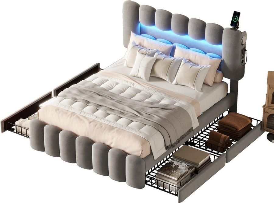 Merax Gestoffeerd Bed 140x200 cm met 4 Lades en LED Verlichting – Luxe Velvet Tweepersoonsbed met USB-poorten en Ingebouwde Speakers – Grijs