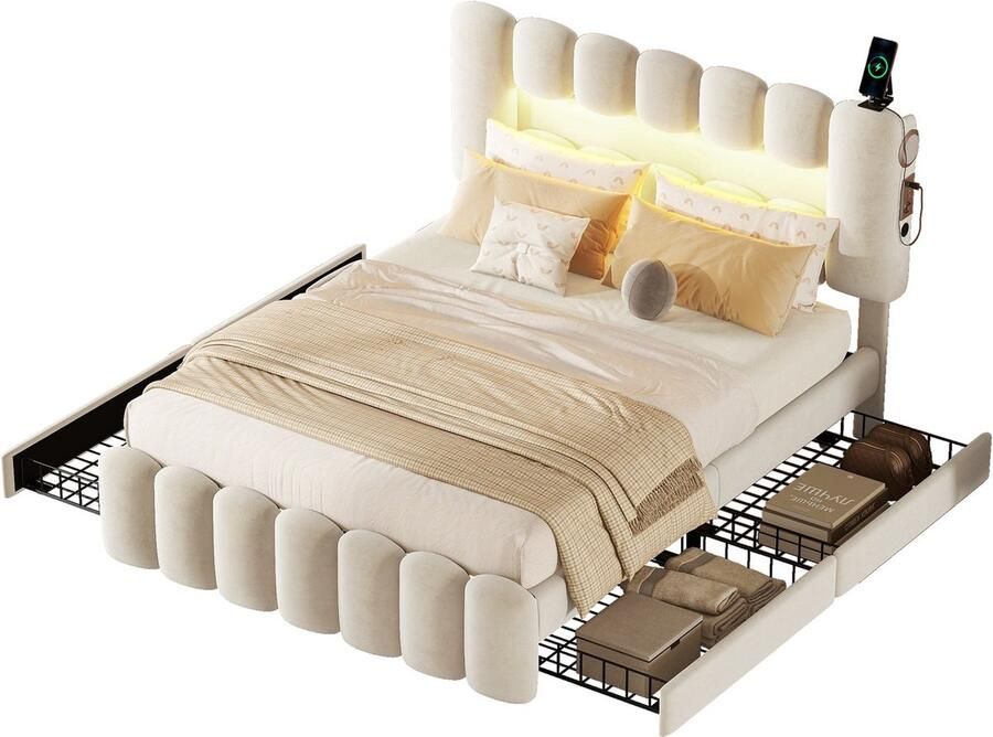 Merax Gestoffeerd Bed 160 x 200 cm Zonder Matras Bed met 4 Laden LED Verlichting USB en Stereo Samt Beige