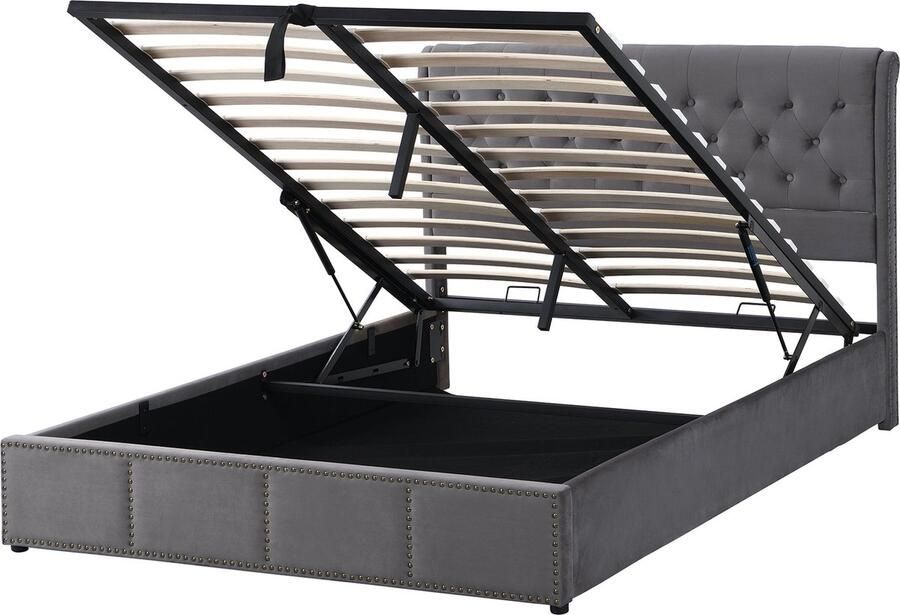 Merax Gestoffeerd Bed 140x200 cm met Hydraulisch Mechanisme Slaapbed met Opbergruimte en Nietenafwerking Fluweel Grijs (Matratze niet inbegrepen)