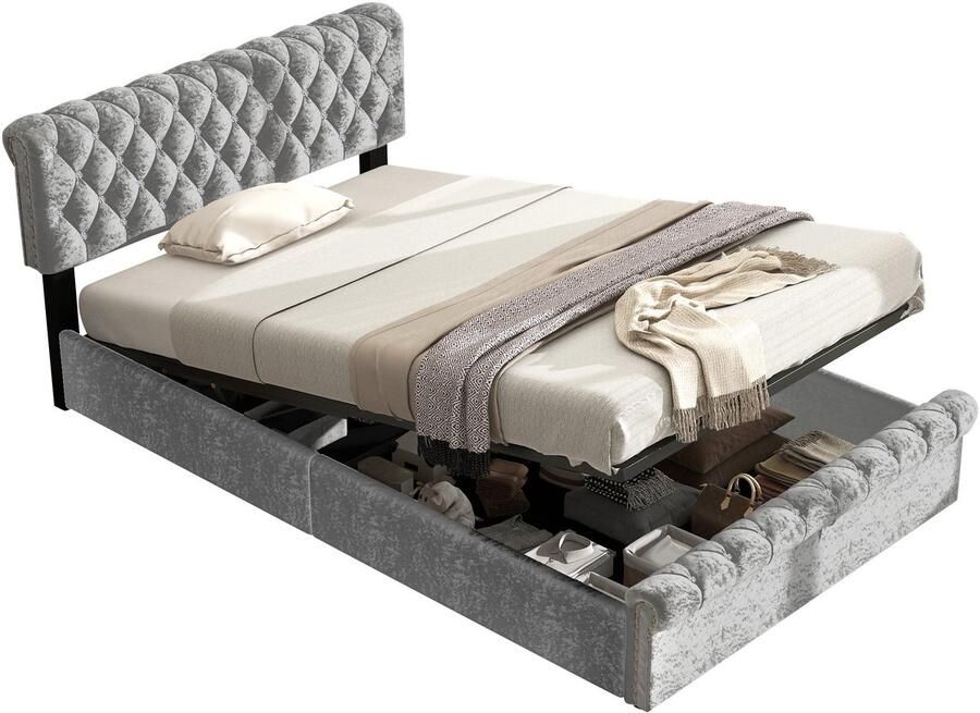 Merax Gestoffeerd Bed 140x200 cm met Hydraulische Opbergruimte en Verstelbaar Hoofdbord Slaapbank met Kristallen Versiering en Fluweel Grijs