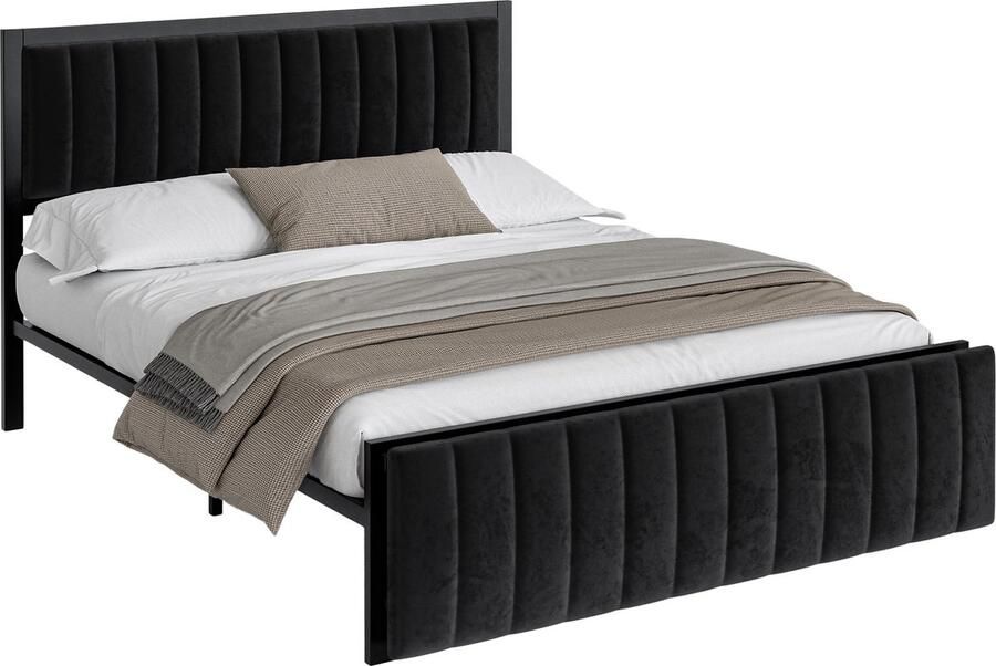 Merax Gestoffeerd Bed 140x200 cm met Klapbare Eindbank – Multifunctioneel Bed met Opbergruimte – IJzeren Frame – Voor Volwassenen en Jongeren – Luxe Fluweel – Zwart
