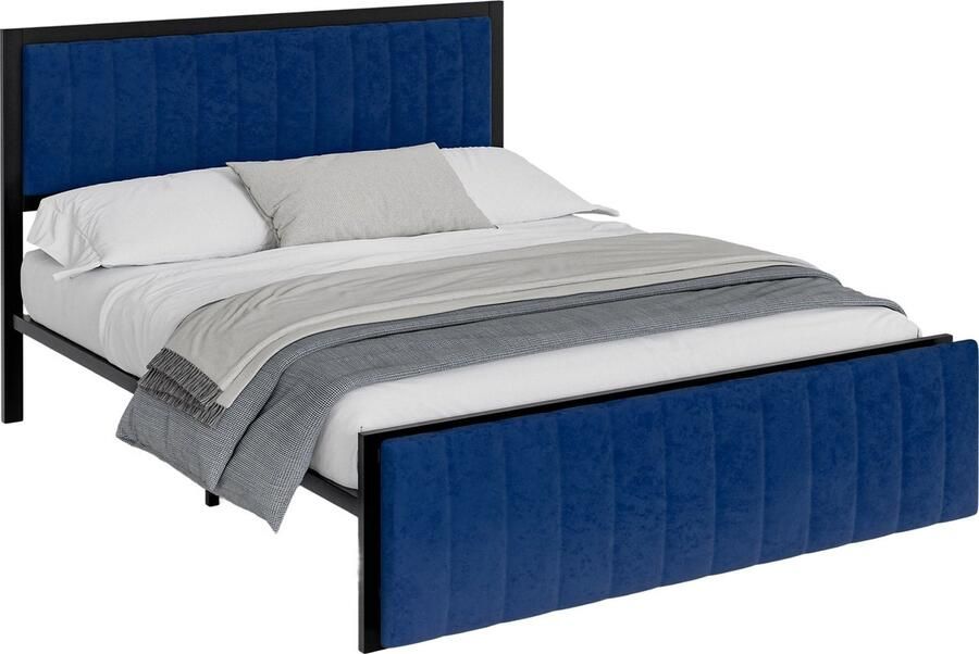 Merax Gestoffeerd Bed 140x200 cm met Klapbare Eindbank – Multifunctioneel Bed met Opbergruimte – IJzeren Frame – Voor Volwassenen en Jongeren – Luxe Fluweel – Blauw