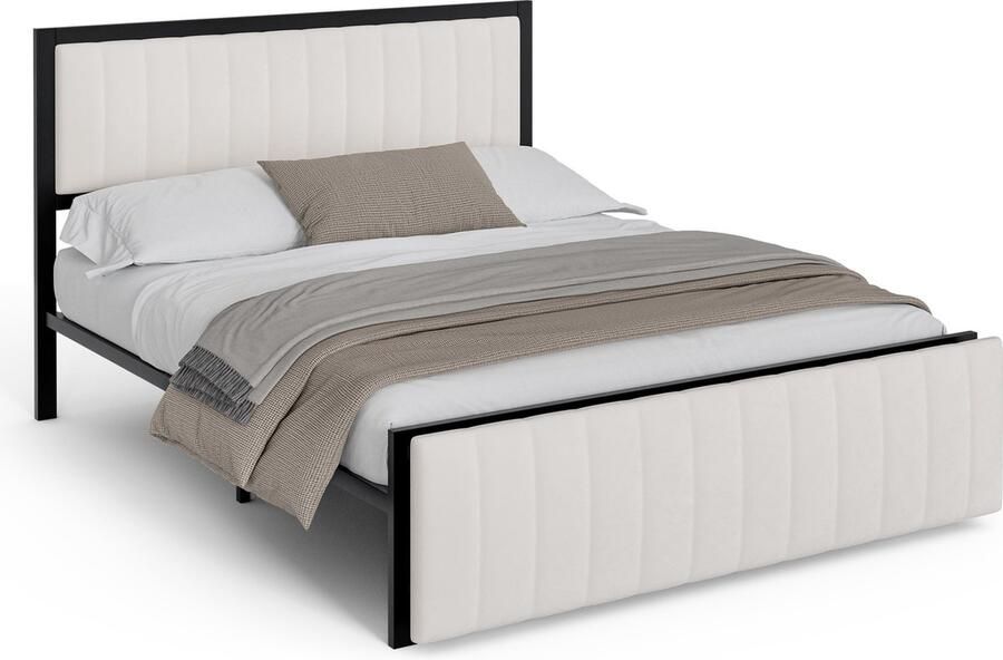 Merax Gestoffeerd Bed 160x200 cm met Klapbare Eindbank – Multifunctioneel Bed met Opbergruimte – IJzeren Frame – Voor Volwassenen en Jongeren – Luxe Fluweel – Beige