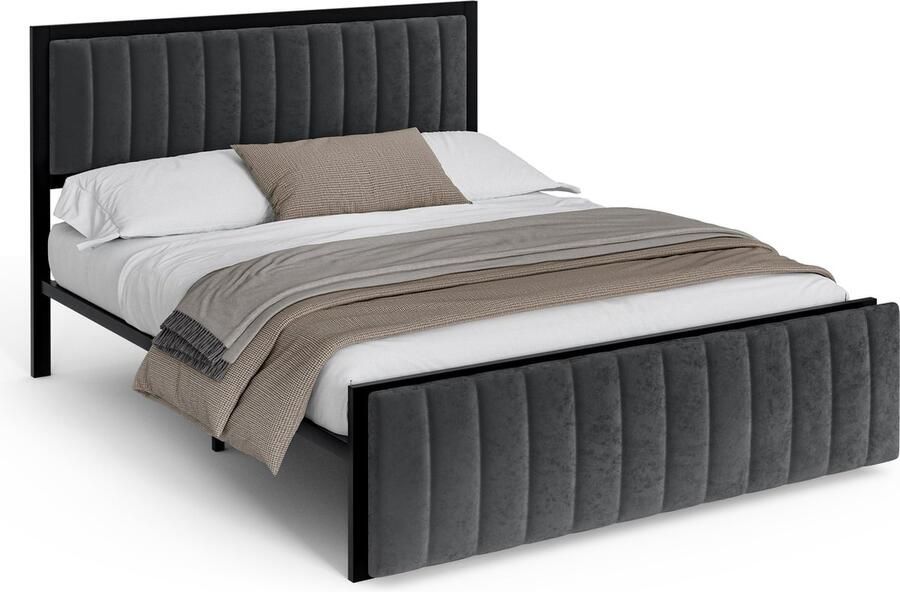 Merax Gestoffeerd Bed 140x200 cm met Klapbare Voetbank – Multifunctioneel Bed met Opbergruimte en Organisatie – Luxe Fluweel – Modern Bedframe van Metaal – Donkergrijs