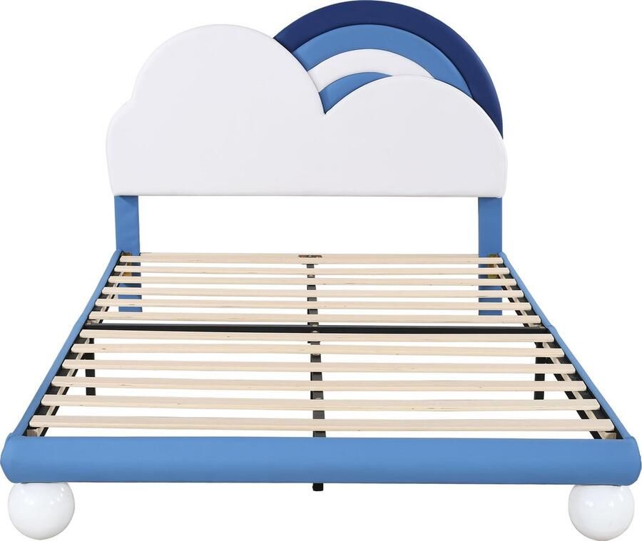 Merax Gestoffeerd Bed 140x200 cm met Lattenbodem en Verstelbaar Hoofdbord PU Leer Blauw – Inclusief Lattenbodem Eenvoudige Montage Zonder Matras