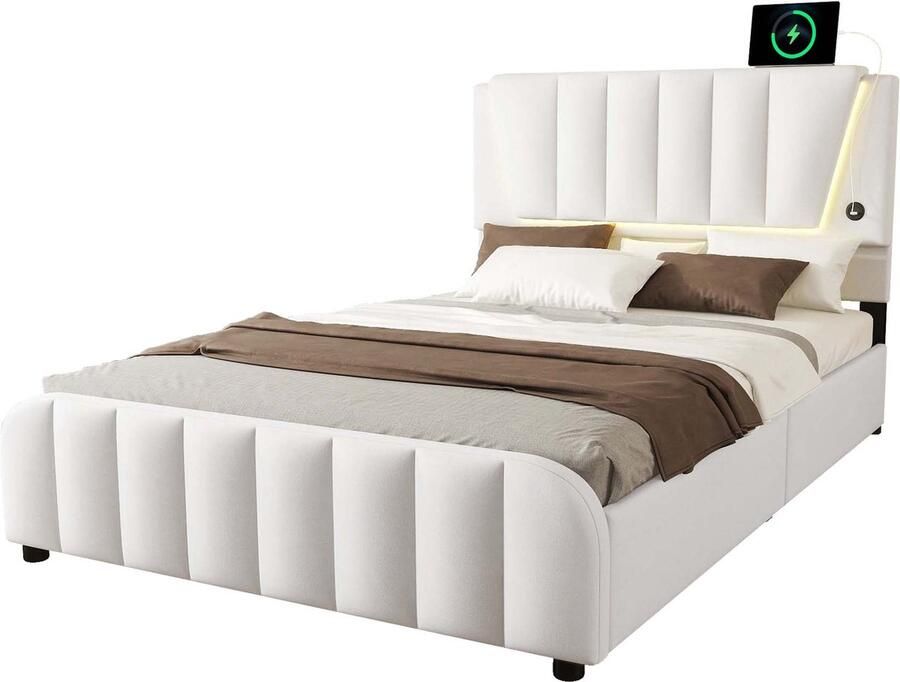 Merax Gestoffeerd Bed 140x200 cm met Lattenbodem LED Verlichting en 4 Opberglades – Beige Linnen Bed met Verstelbaar Hoofdbord en USB Oplaadpoort