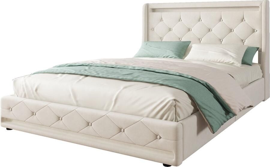 Merax Gestoffeerd Bed 140x200 cm met Lattenbodem Verstelbare LED-Omgevingsverlichting 4 Lade Samt Beige (Zonder Matras)