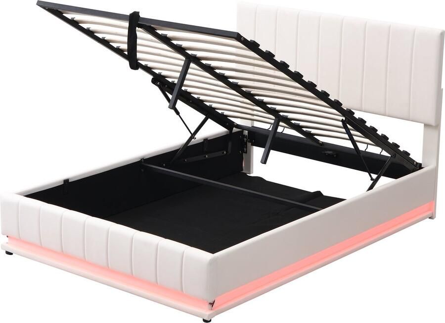 Merax Kunstleer Gestoffeerd Tweepersoonsbed 140x200 cm Luxe Bed met LED-Verlichting en Verstelbaar Hoofdbord Metalen Lattenbodem met Hydraulische Opbergruimte Wit