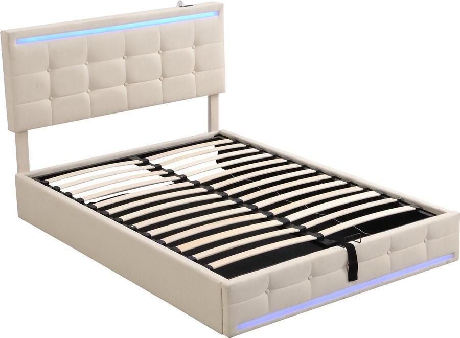 Merax Gestoffeerd Bed 140x200 cm met LED Verlichting en 2 USB-Laadstations Hoogte Verstelbaar Hoofdbord Bed met Grote Opbergruimte Beige
