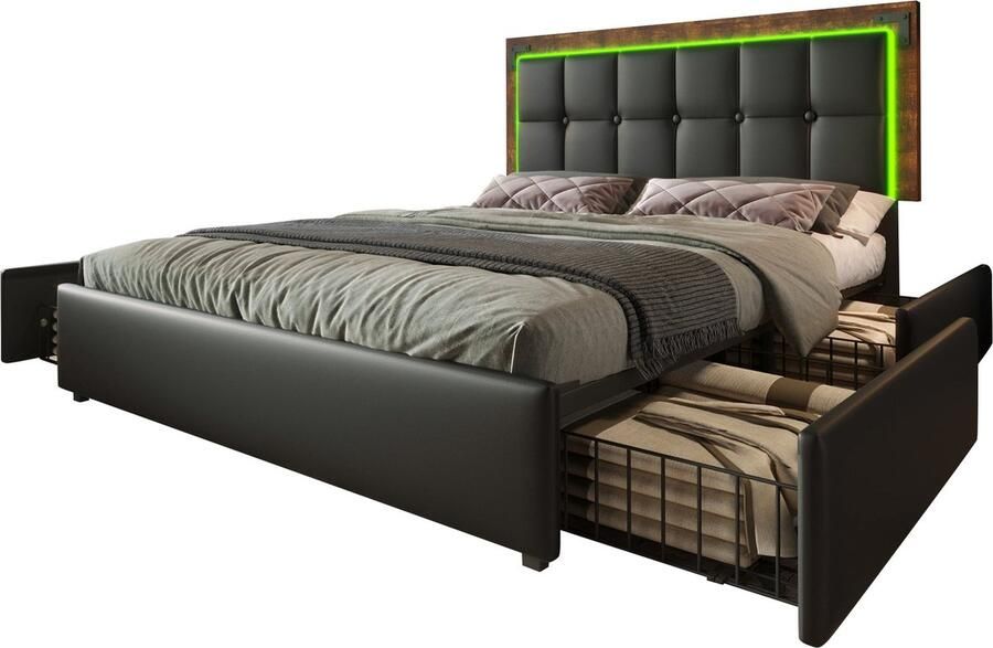 Merax Tweepersoonsbed 160x200 cm met 4 Lades Queensize Luxe Kunstleer Gestoffeerd Bed met LED-Verlichting en Verstelbaar Hoofdbord Zwart