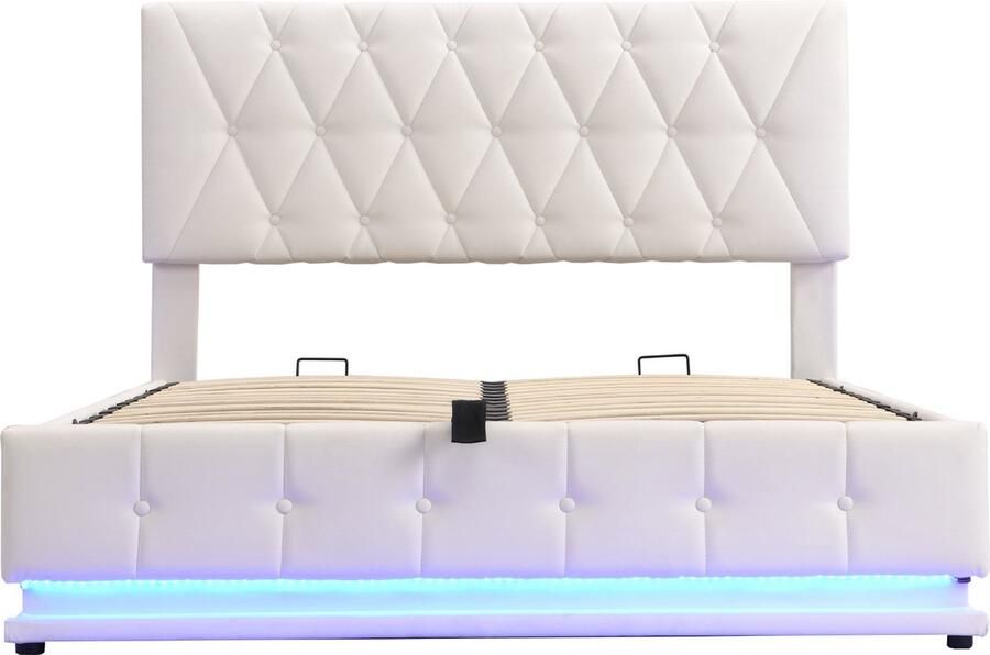 Merax Gestoffeerd Bed 140x200 cm met LED Verlichting en Hydraulische Opbergruimte Bedbox en Lattenbodem Kunstleer Wit Tweepersoonsbed voor Volwassenen en Jongeren