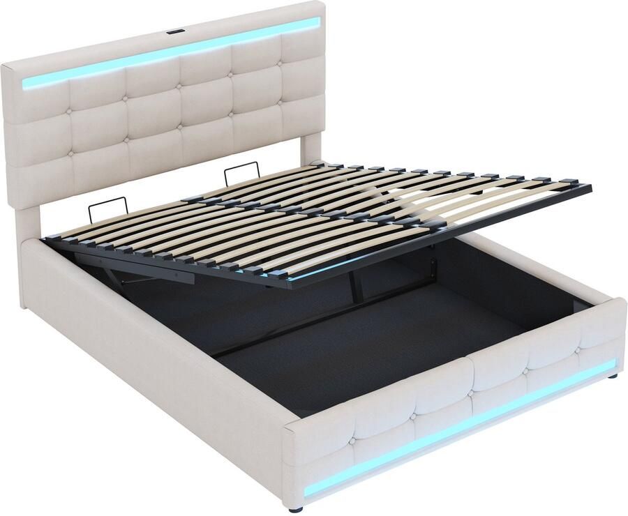 Merax Gestoffeerd Bed 140x200 cm met LED Verlichting en USB Aansluitingen Tweepersoonsbed met Opbergruimte – Beige