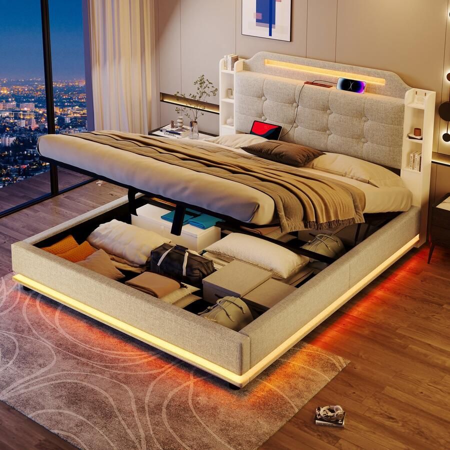 Merax Gestoffeerd bed 140x200 cm met LED-verlichting opbergruimte zonder matras met USB TYPE-C linnen beige