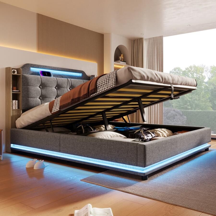 Merax Gestoffeerd bed 140x200 cm met LED-verlichting opbergruimte zonder matras met USB TYPE-C linnengoed grijs