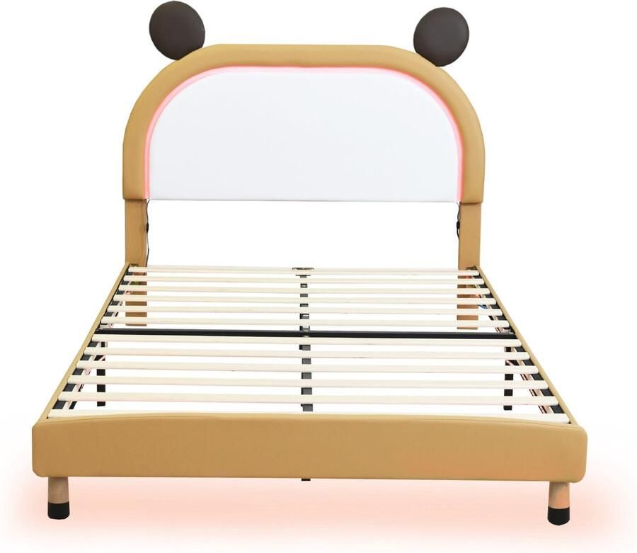 Merax Gestoffeerd Bed 140x200 cm met LED Verlichting Tweekleurig Kunstleer Verstelbaar Hoofdbord Jeugdbed Geel-Bruin