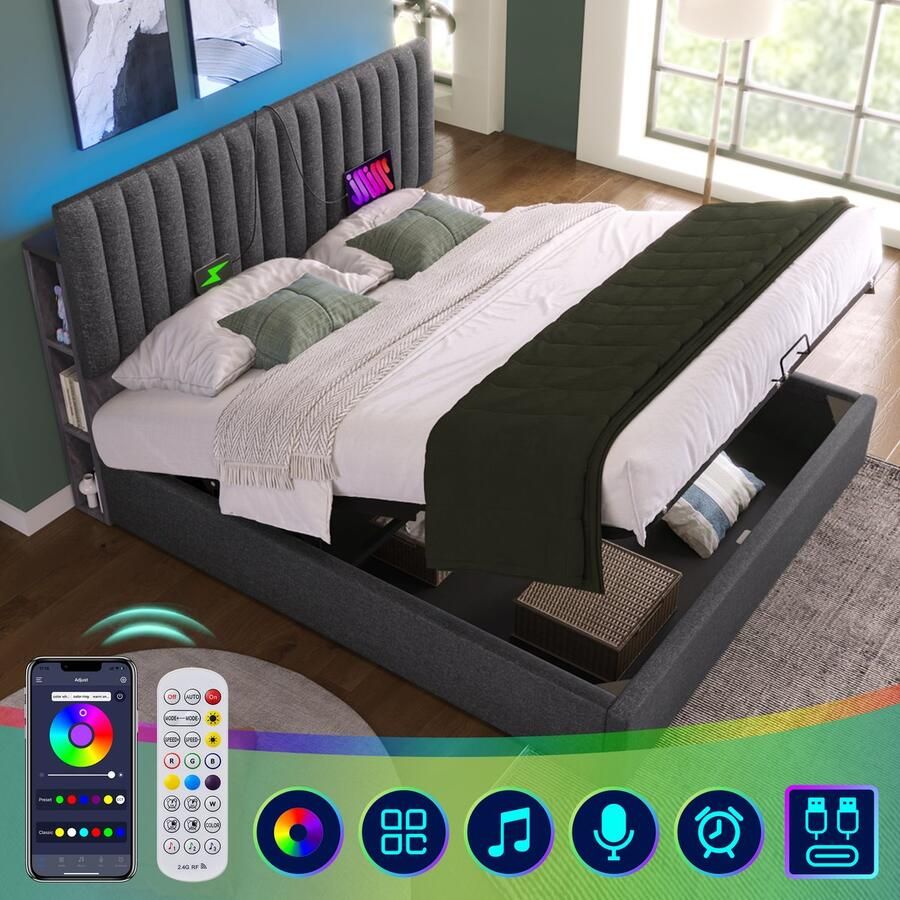 Merax Gestoffeerd Bed 140x200 cm met Opbergruimte en LED-Verlichting via APP Tweepersoonsbed met USB Type-C Aansluiting en Verstelbaar Hoofdbord Grijs