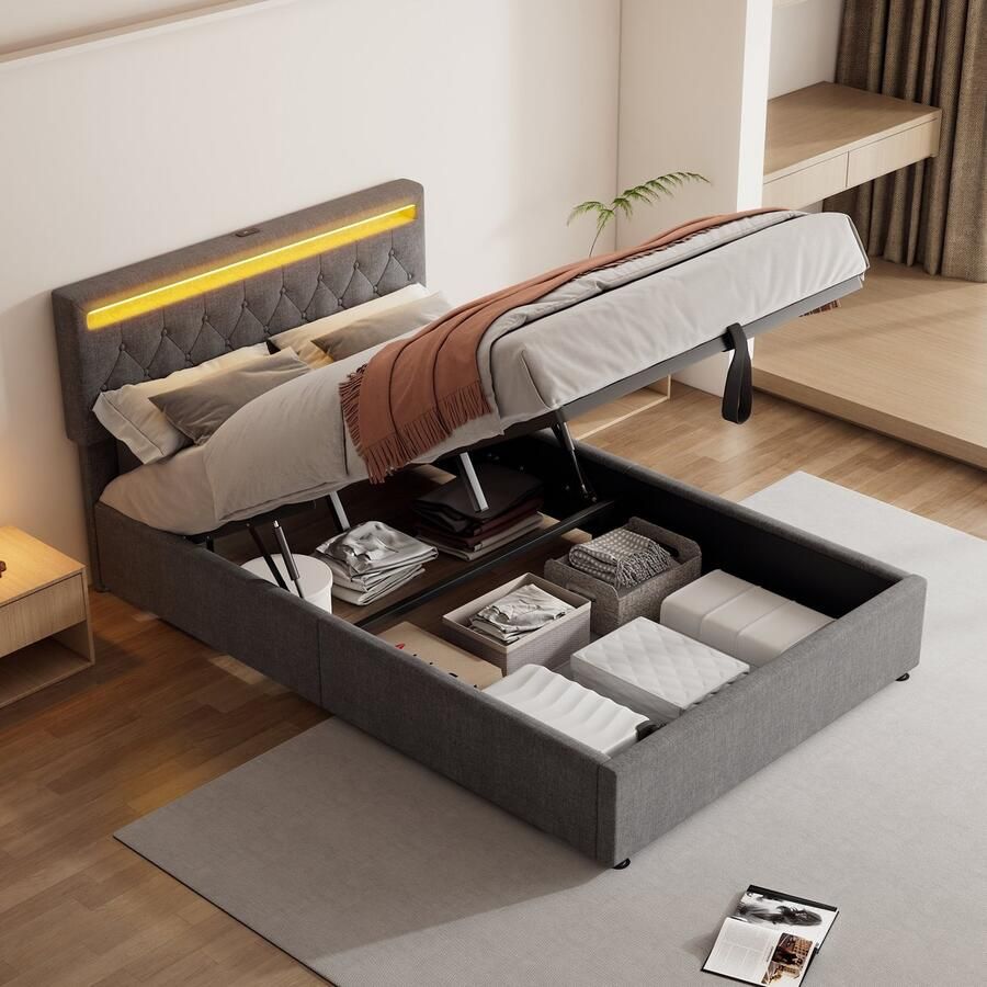 Merax Gestoffeerd bed 140x200 cm met LED-verlichting verstelbare hoofdbord met USB-aansluiting met opbergruimte grijs zonder matras