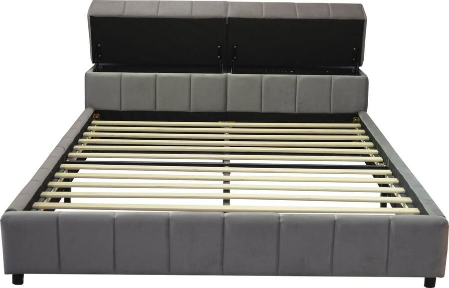 Merax Gestoffeerd Bed 140x200 cm Met Opbergfunctie in Hoofdbord Comfortabel Hoofdbord Velvet Stof Grijs