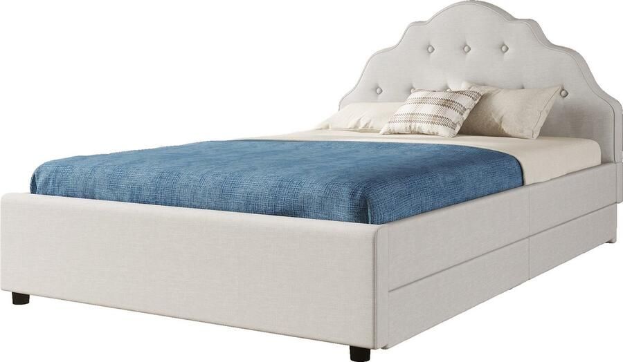 Merax Gestoffeerd Bed 140x200 cm met Opberglades Minimalistisch Design Tweepersoonsbed Beige