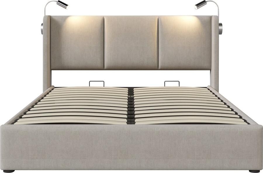 Merax Gestoffeerd Bed 140x200 cm met Opbergruimte – Bed met USB-laadfunctie Leselicht en Hydraulische Lattenbodem – Inclusief Matras – Beige - Foto 2