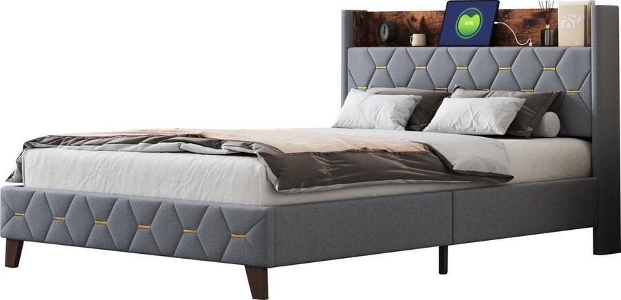 Merax Gestoffeerd Bed 140x200 cm met Opbergruimte en USB-Aansluiting in Kardemom Velvet Grijs – Tweepersoonsbed met Houten Poten