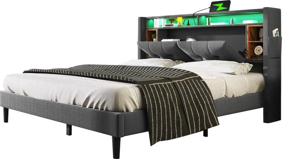 Merax Gestoffeerd Bed 140x200 cm Met Opbergruimte Hoofdeinde USB Oplaadfunctie en LED Verlichting Houten Lattenbodem Grijs