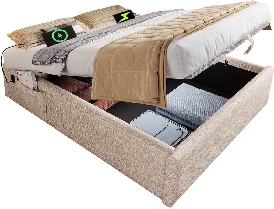 Merax Gestoffeerd Bed 140x200 cm met Opbergruimte USB-C Aansluitingen en Houten Lattenbodem Zonder Hoofdbord Linnen Stof Natuurlijk