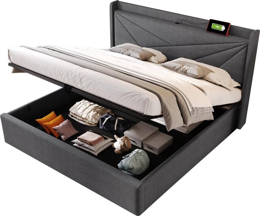 Merax Gestoffeerd 140x200 cm Tweepersoonsbed Bed met Opbergruimte en USB Type-C Aansluiting Bedframe van Katoen Linnen Grijs - Foto 2