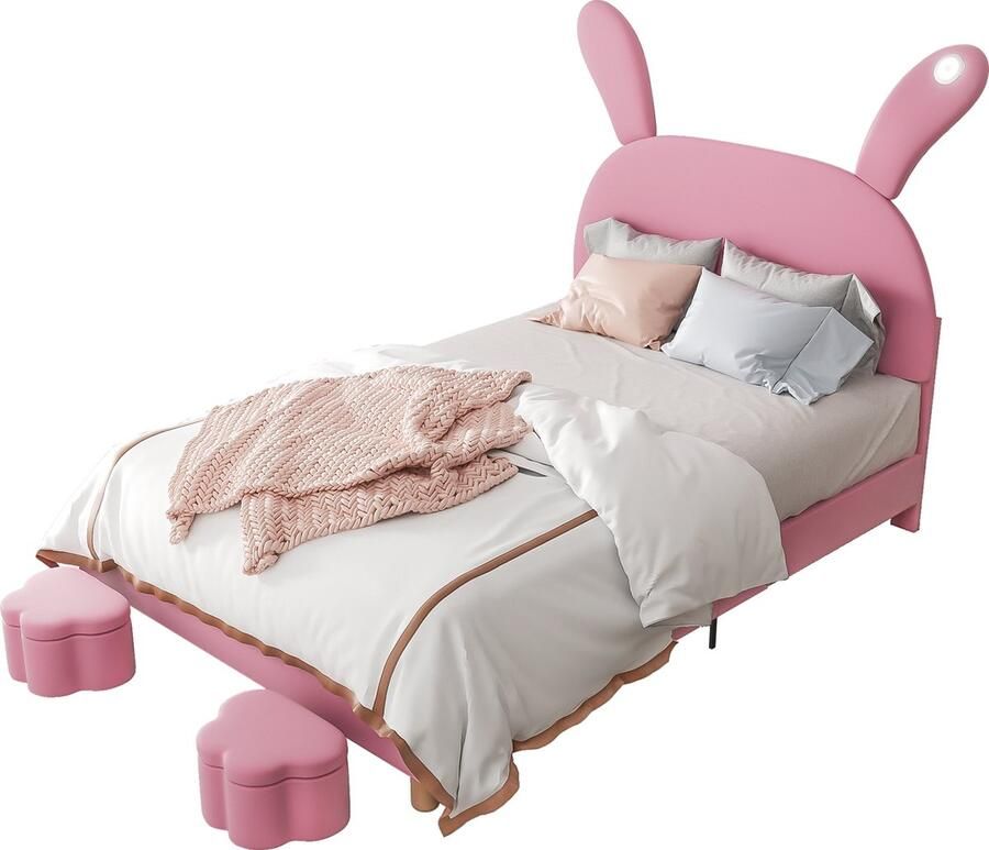 Merax Gestoffeerd Bed 140x200 cm met Twee Opbergruimtes LED-Nachttafelverlichting Uitschuifbare Hasenoren Verstelbaar Hoofdbord Fluweel Roze