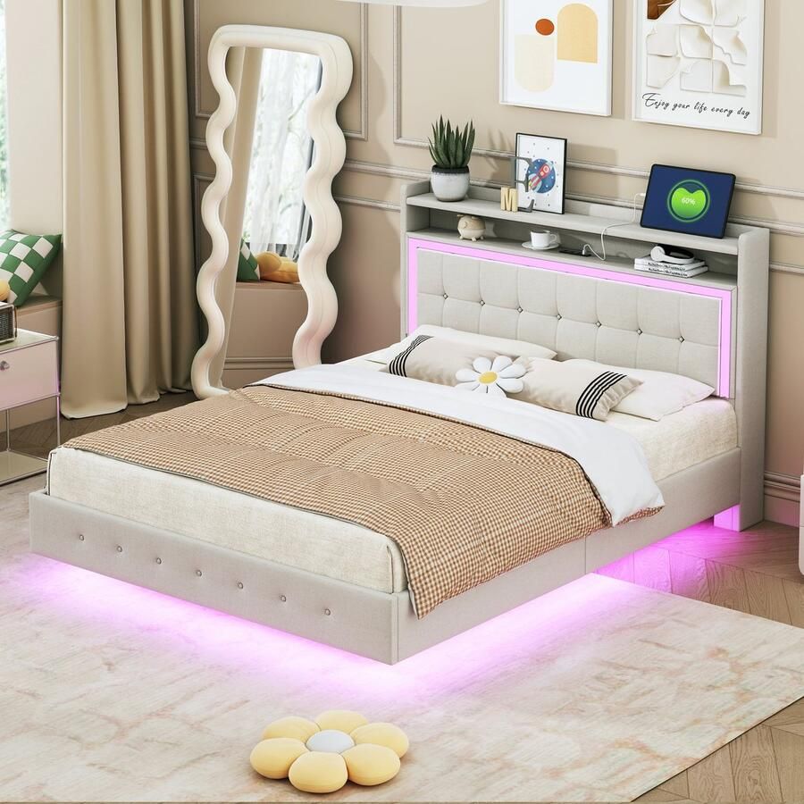Merax Gestoffeerd Bed 140x200 cm met USB-aansluiting en LED-verlichting Beige Linnen Versteekte Voeten en Stabiele Houten Lattenbodem