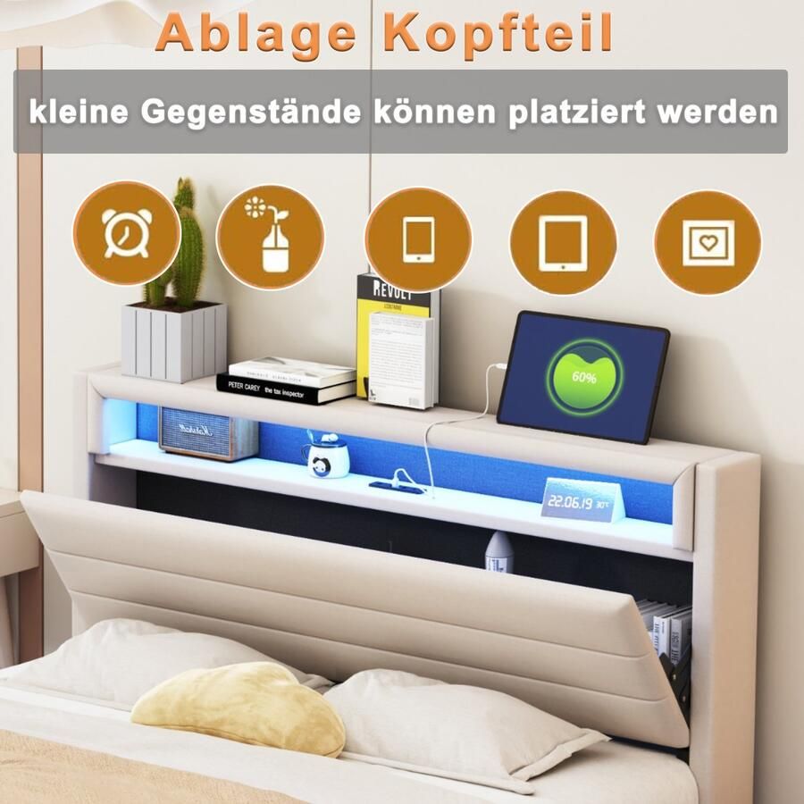 Merax Gestoffeerd bed 140x200 cm met USB-aansluiting en LED-verlichting omkeerbaar hoofdeinde verborgen voeteneinde beige zonder matras