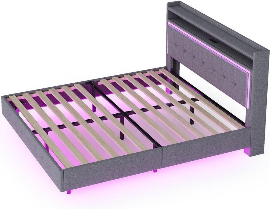Merax Gestoffeerd Bed 140x200 cm – Met USB-aansluiting LED-verlichting Verstelbaar Hoofdeinde en Stabiel Frame – Linnen Stof – Grijs